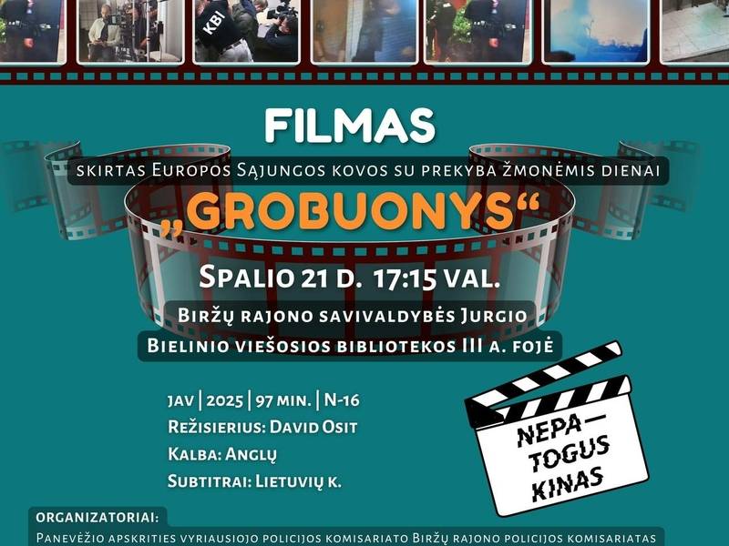 Biržų rajono savivaldybės Jurgio Bielinio viešojoje bibliotekoje bus rodomas filmas „Grobuonys“ (N-16), skirtas ES kovos su prekyba žmonėmis dienai paminėti. 